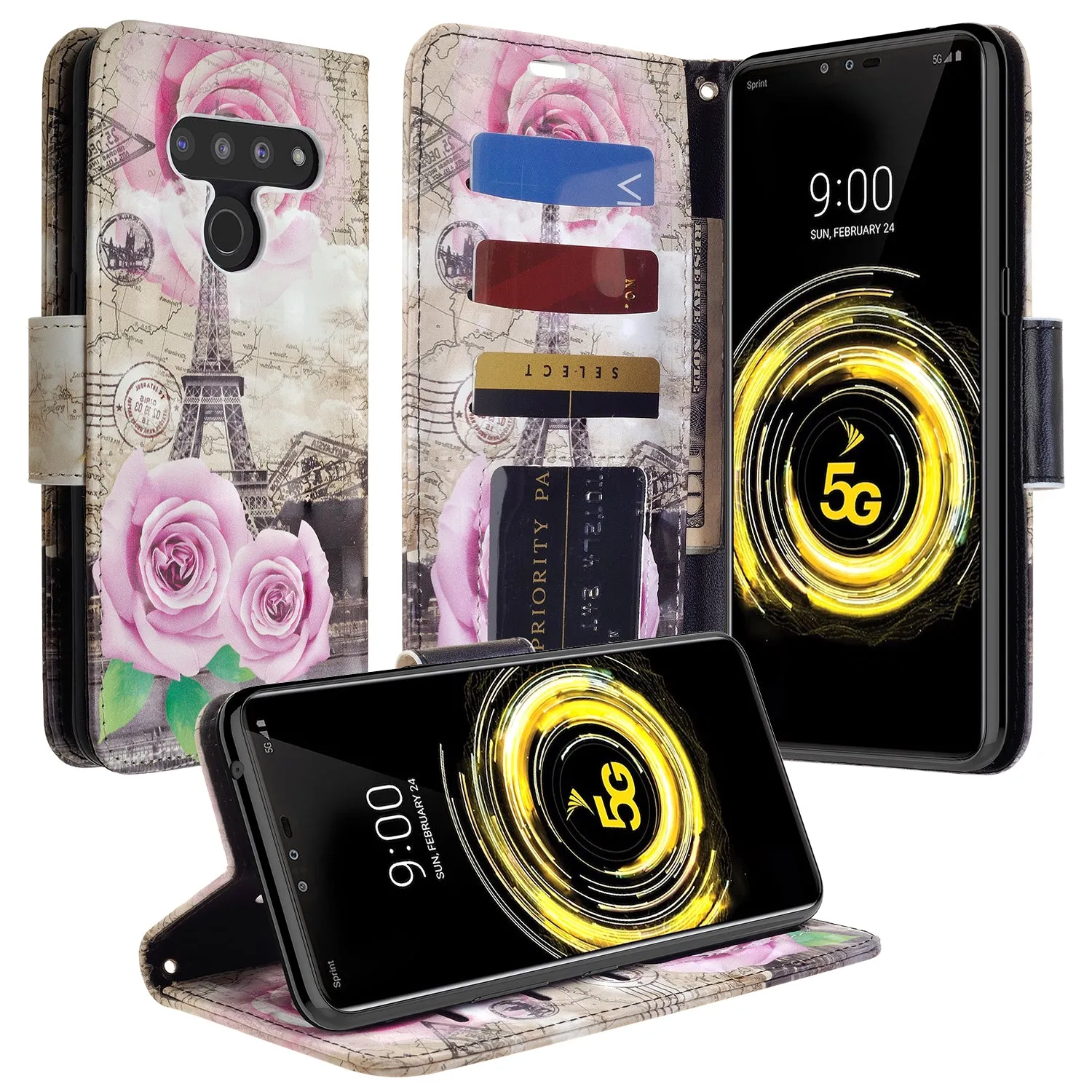 LG G8 ThinQ Case, LM-G820 Wallet Case, Wrist Strap Pu Leather Wallet Case [Kickstand] with ID & Credit Card Slots - Paris