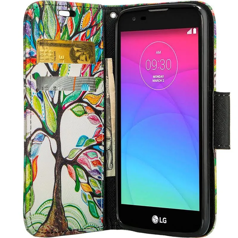 LG K10 / LG Premier LTE Case, Wrist Strap Magnetic Fold [Kickstand] Pu Leather Wallet Case with ID & Credit Card Slots - Colorful Tree