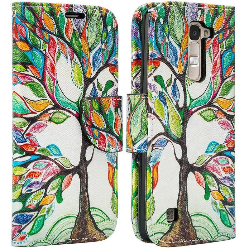 LG K10 / LG Premier LTE Case, Wrist Strap Magnetic Fold [Kickstand] Pu Leather Wallet Case with ID & Credit Card Slots - Colorful Tree