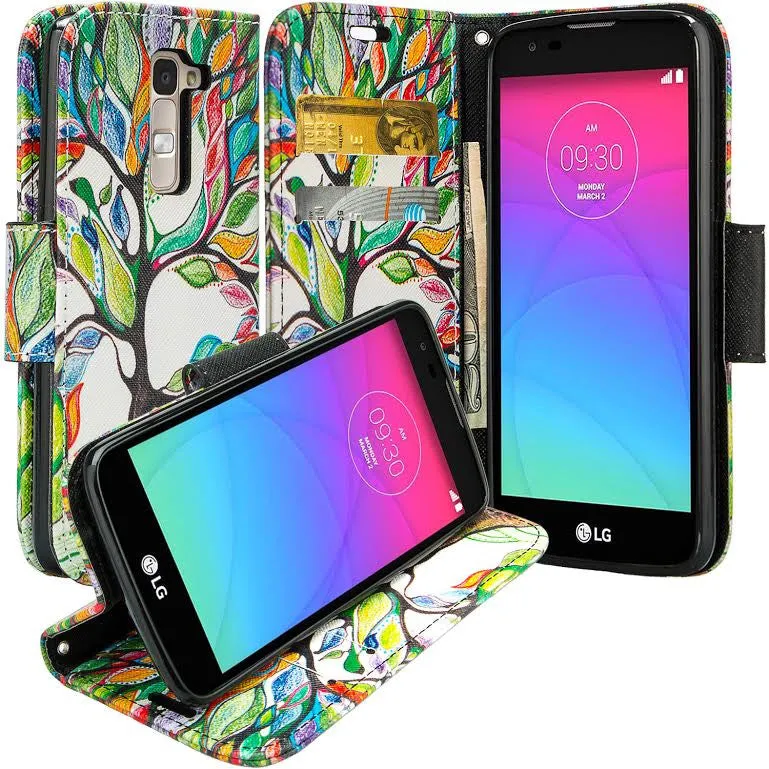 LG K10 / LG Premier LTE Case, Wrist Strap Magnetic Fold [Kickstand] Pu Leather Wallet Case with ID & Credit Card Slots - Colorful Tree