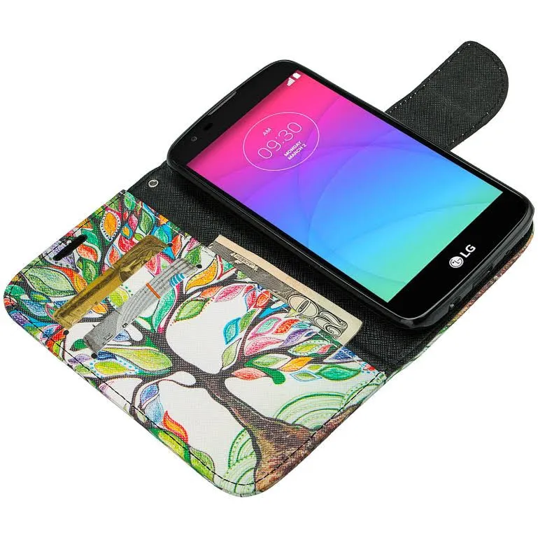 LG K10 / LG Premier LTE Case, Wrist Strap Magnetic Fold [Kickstand] Pu Leather Wallet Case with ID & Credit Card Slots - Colorful Tree