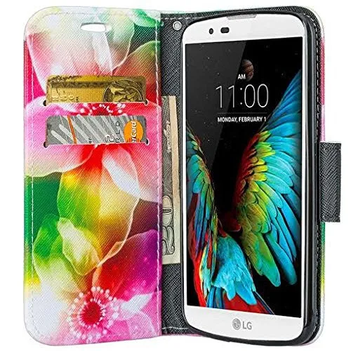 LG K10 / LG Premier LTE Case, Wrist Strap Magnetic Fold [Kickstand] Pu Leather Wallet Case with ID & Credit Card Slots - Flower Pedal