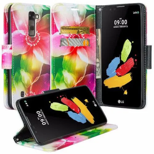 LG K10 / LG Premier LTE Case, Wrist Strap Magnetic Fold [Kickstand] Pu Leather Wallet Case with ID & Credit Card Slots - Flower Pedal