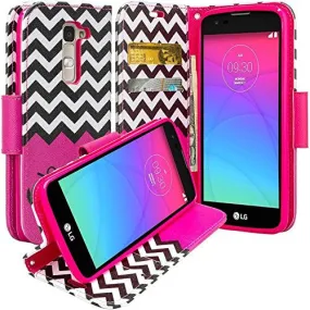 LG K10 / LG Premier LTE Case, Wrist Strap Magnetic Fold[Kickstand] Pu Leather Wallet Case with ID & Credit Card Slots - Hot Pink Anchor