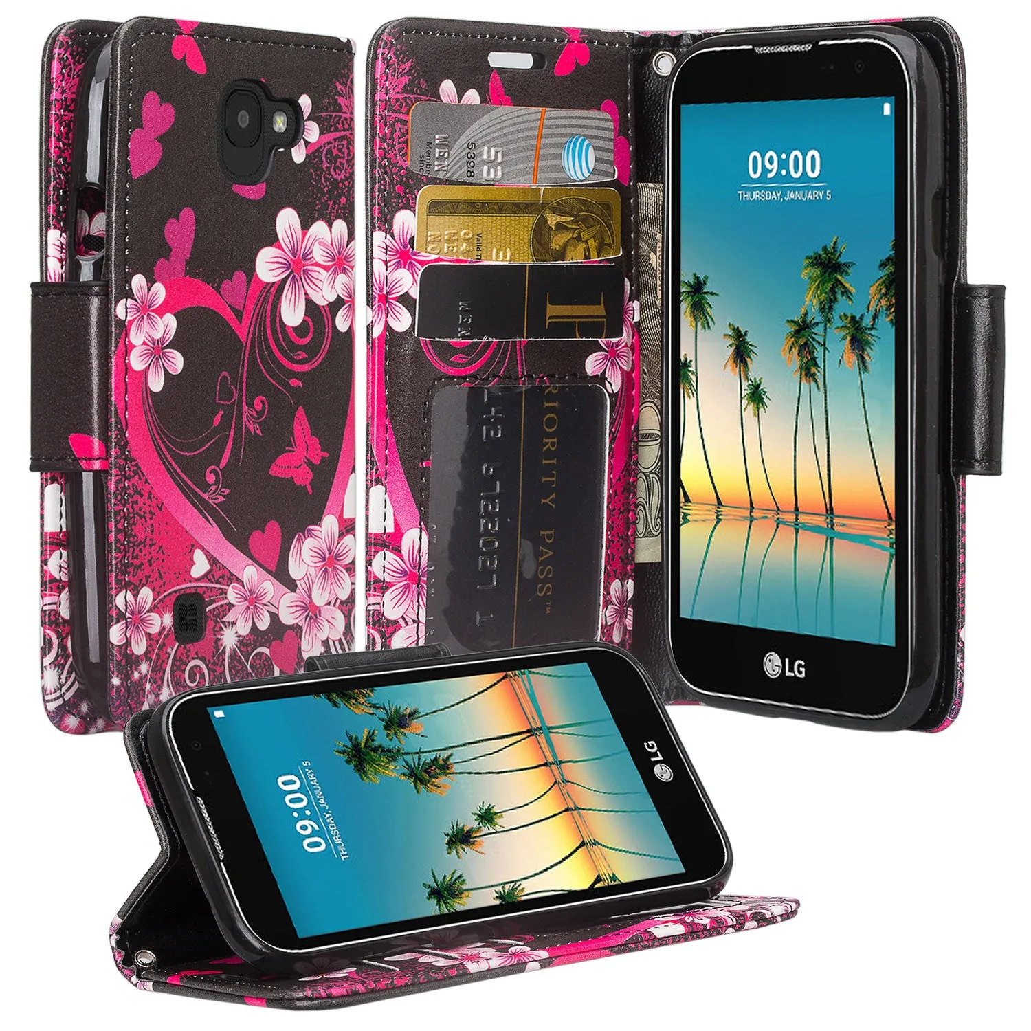 LG K3 (2017) Wallet Case, Wrist Strap Pu Leather Magnetic Flip Fold[Kickstand] with ID & Card Slots for LG K3 (2017)- Heart Butterflies