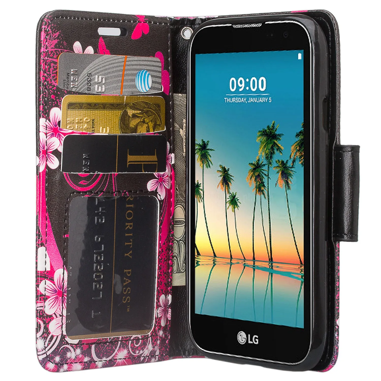 LG K3 (2017) Wallet Case, Wrist Strap Pu Leather Magnetic Flip Fold[Kickstand] with ID & Card Slots for LG K3 (2017)- Heart Butterflies