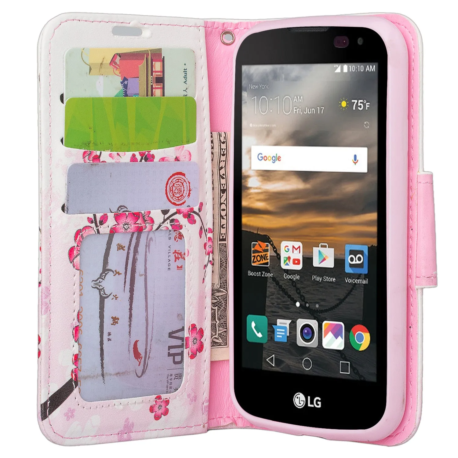 LG K3 Case,  Wrist Strap Pu Leather Magnetic Flip Fold[Kickstand] Wallet Case with ID & Card Slots for LG K3 - Cherry Blossom