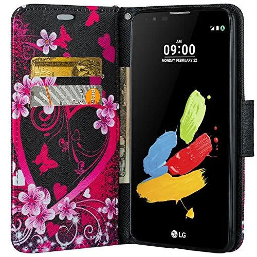 LG K7, LG Tribute 5, LG Treasure Wallet Case, Wrist Strap [Kickstand] Pu Leather Wallet Case with ID & Credit Card Slots - Heart Butterflies