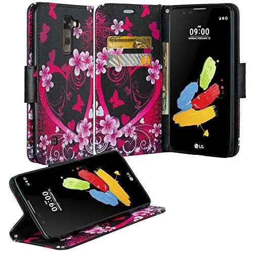 LG K7, LG Tribute 5, LG Treasure Wallet Case, Wrist Strap [Kickstand] Pu Leather Wallet Case with ID & Credit Card Slots - Heart Butterflies