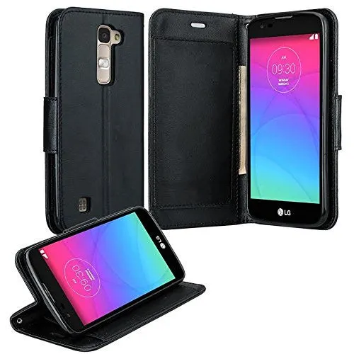 LG K7 | Tribute 5 | Treasure Case, Double Fold Wallet Case, Wrist Strap Flip Folio [Kickstand Feature] Pu Leather Wallet Case with ID & Credit Card Slots & Pocket - Black