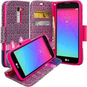 LG K8 | LG Phoenix 2 | LG Escape 3 Wallet Case, Wrist Strap [Kickstand] Pu Leather Wallet Case with ID & Credit Card Slots for LG K8 | LG Phoenix 2 | LG Escape 3 - Hot Pink Cheetah