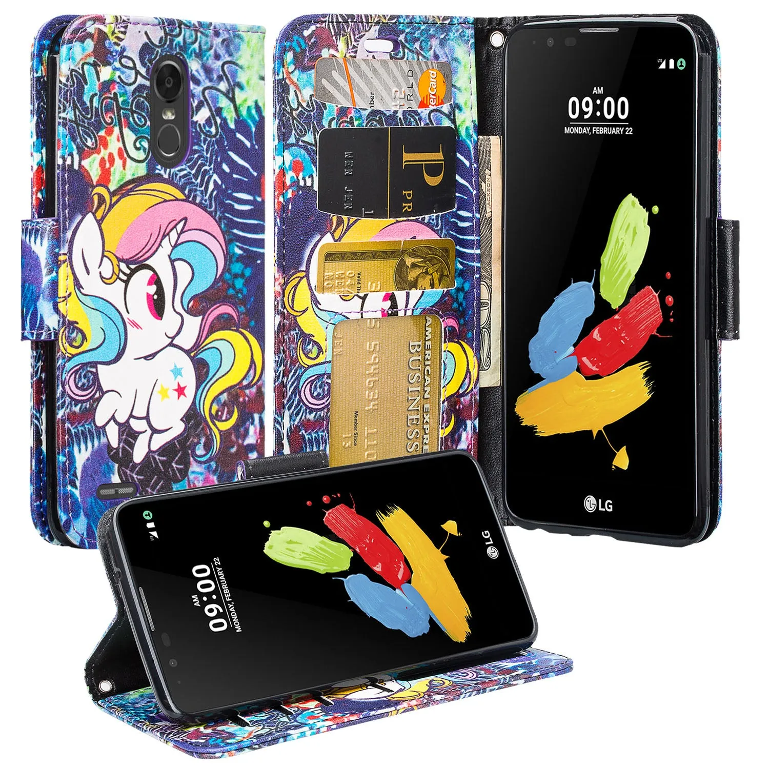 LG Stylo 3 Case, LG Stylo 3 Plus Wallet Case, Wrist Strap Magnetic Fold [Kickstand] Slim Pu Leather Wallet Case with ID & Card Slots for Stylo 3 / Stylo 3 Plus - Rainbow Unicorn