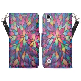 LG Tribute HD | X Style | Volt 3 Case, Wrist Strap Pu Leather Magnetic Flip Fold[Kickstand] Wallet Case with ID & Card Slots - Rainbow Flower