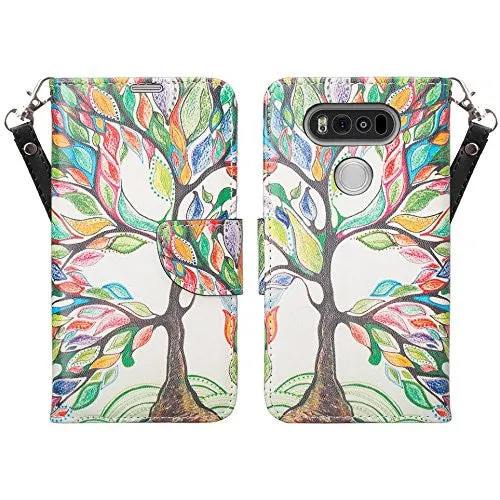 LG V20 Case, Wrist Strap Pu Leather Wallet Case with ID & Card Slots for LG V20 - Colorful Tree