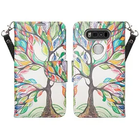 LG V20 Case, Wrist Strap Pu Leather Wallet Case with ID & Card Slots for LG V20 - Colorful Tree