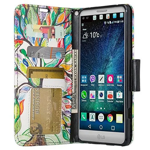 LG V20 Case, Wrist Strap Pu Leather Wallet Case with ID & Card Slots for LG V20 - Colorful Tree