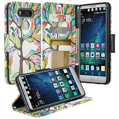 LG V20 Case, Wrist Strap Pu Leather Wallet Case with ID & Card Slots for LG V20 - Colorful Tree