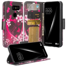 LG V30, V30 Plus, Magnetic Flip Fold [Kickstand] Wrist Strap Pu Leather Wallet Case Cover with Card Slots - Heart Butterflies