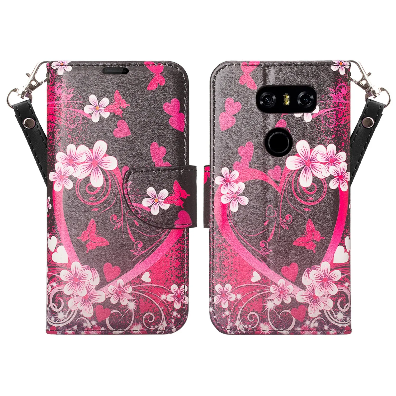 LG V30, V30 Plus, Magnetic Flip Fold [Kickstand] Wrist Strap Pu Leather Wallet Case Cover with Card Slots - Heart Butterflies