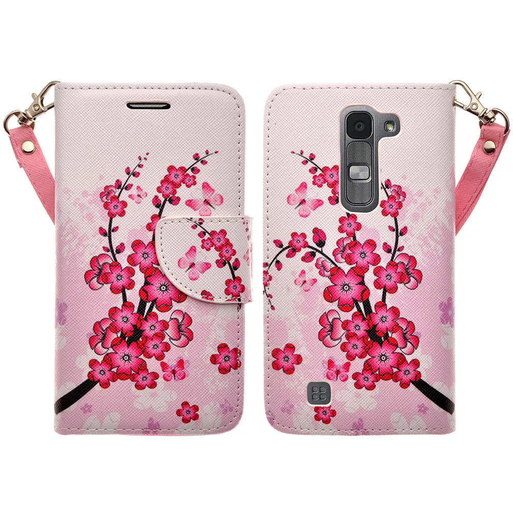 LG Volt2 Case,  LG LS751 Case Wrist Strap Pu Leather Magnetic Flip Fold[Kickstand] Wallet Case with ID & Card Slots for LG Volt2 - Cherry Blossom