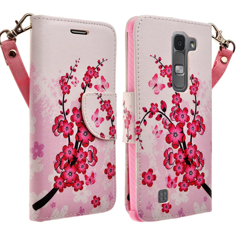 LG Volt2 Case,  LG LS751 Case Wrist Strap Pu Leather Magnetic Flip Fold[Kickstand] Wallet Case with ID & Card Slots for LG Volt2 - Cherry Blossom