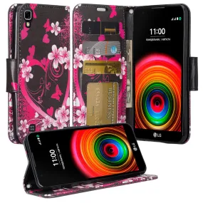 LG X Power Case, Wrist Strap Magnetic Fold[Kickstand] Pu Leather Wallet Case with ID & Credit Card Slots for LG X Power - Heart Butterfly