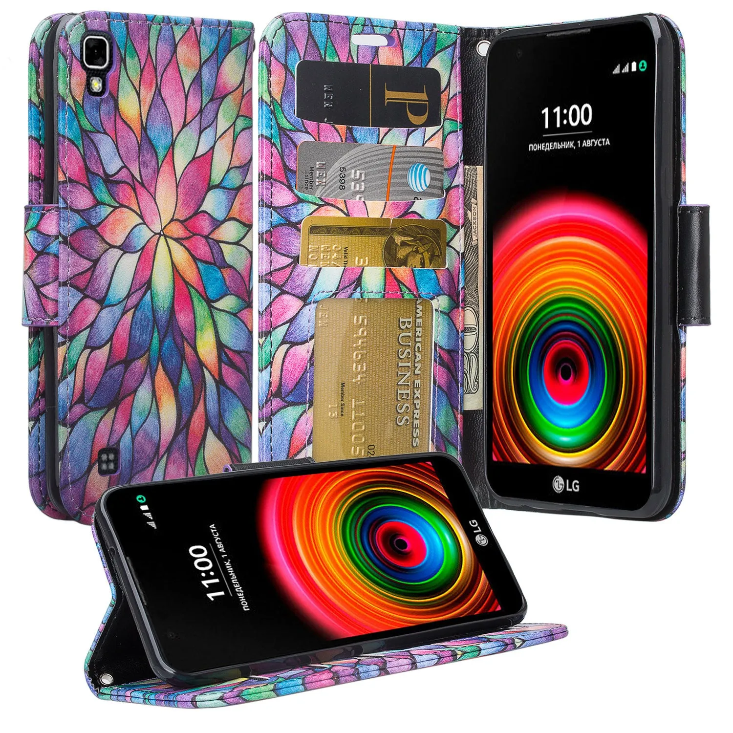 LG X Power Case, Wrist Strap Magnetic Fold[Kickstand] Pu Leather Wallet Case with ID & Credit Card Slots for LG X Power - Rainbow Flower