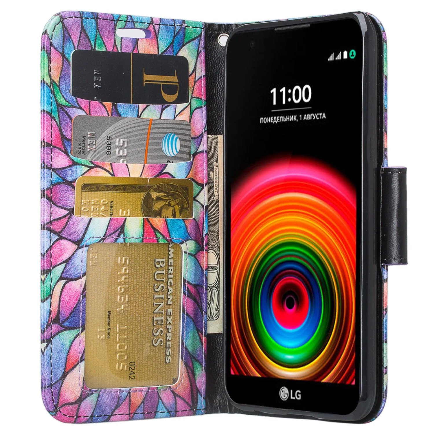 LG X Power Case, Wrist Strap Magnetic Fold[Kickstand] Pu Leather Wallet Case with ID & Credit Card Slots for LG X Power - Rainbow Flower