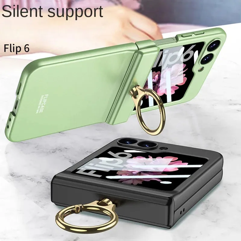 Magnetic Hinge Protection Hard PC Slim Phone Case With Gold Ring Bracket For Samsung Galaxy Z Flip 6