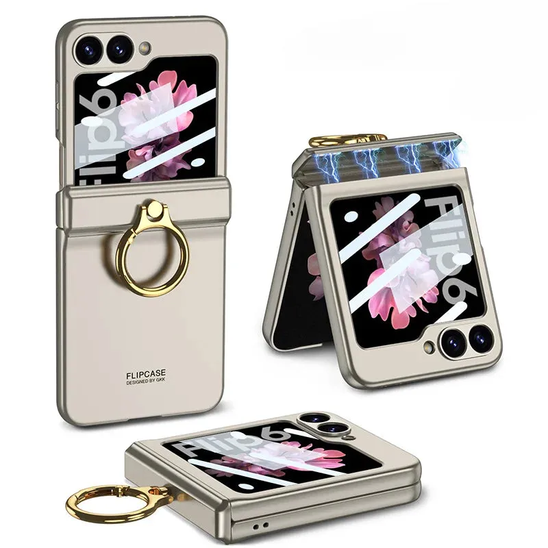 Magnetic Hinge Protection Hard PC Slim Phone Case With Gold Ring Bracket For Samsung Galaxy Z Flip 6