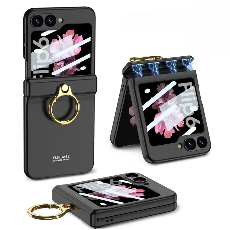 Magnetic Hinge Protection Hard PC Slim Phone Case With Gold Ring Bracket For Samsung Galaxy Z Flip 6