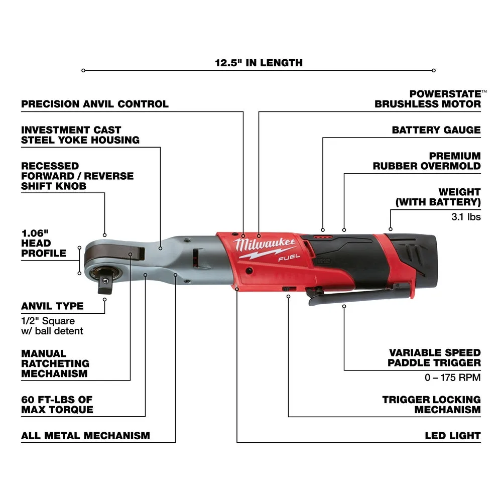 Milwaukee 2558-22 M12 FUEL 12V 1/2-Inch 60-Ft-Lbs. Li-Ion Cordless Ratchet Kit