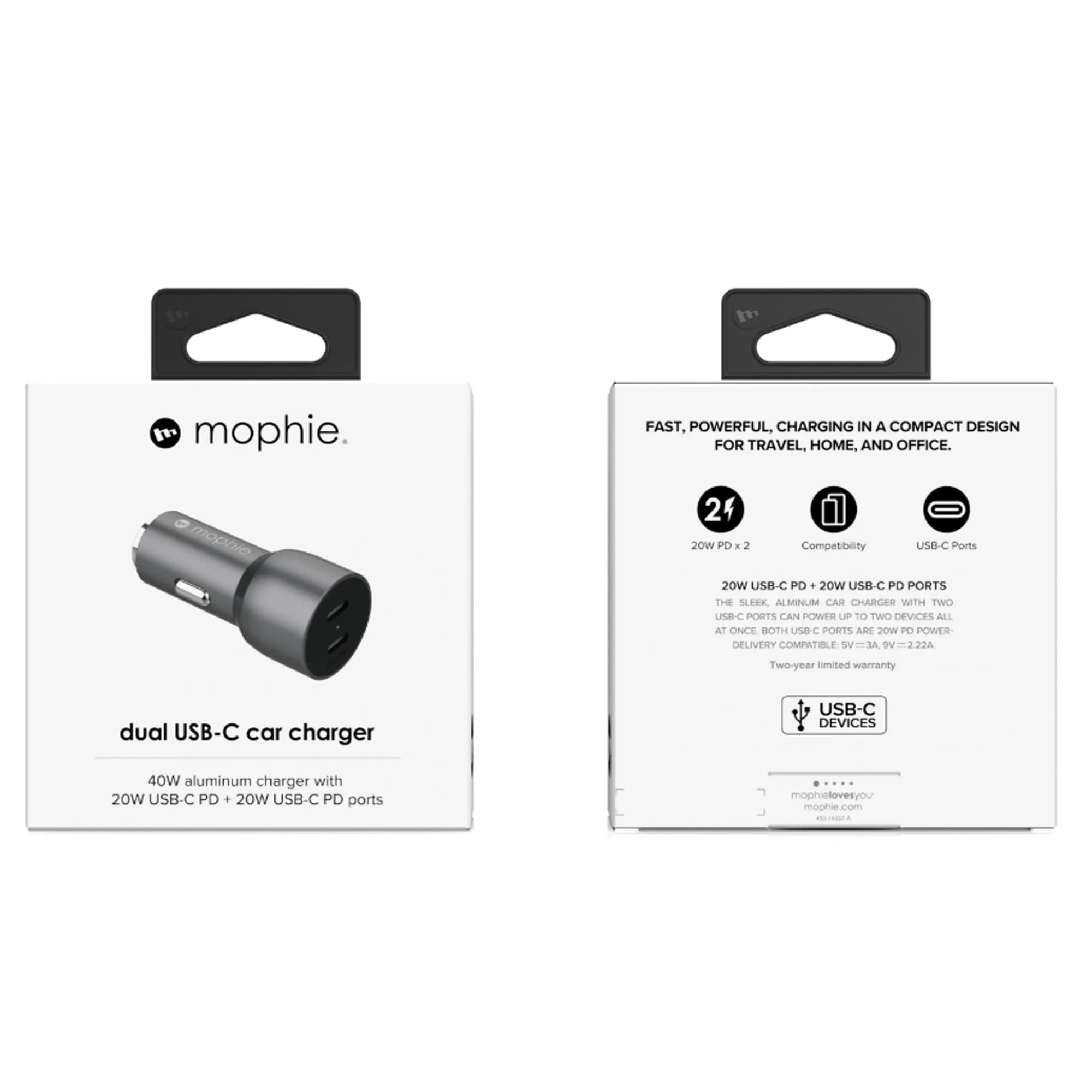 Mophie 40W Dual USB-C Car Charger ( 20W USB-C   20W USB-C PD ) - Space Gray