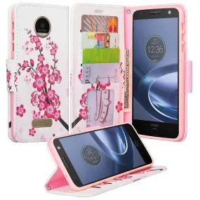 Moto Z Force Droid Case, Motorola Z Force Droid Wallet Case, Wrist Strap Pu Leather Wallet Case [Kickstand] with ID & Credit Card Slots - Cherry Blossom