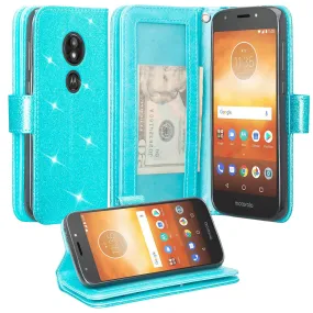 Motorola Moto E5 Plus , e5 Supra Case, [Wrist Strap] Glitter Faux Leather Flip [Kickstand Feature] Protective Wallet Case Cover Clutch - Teal