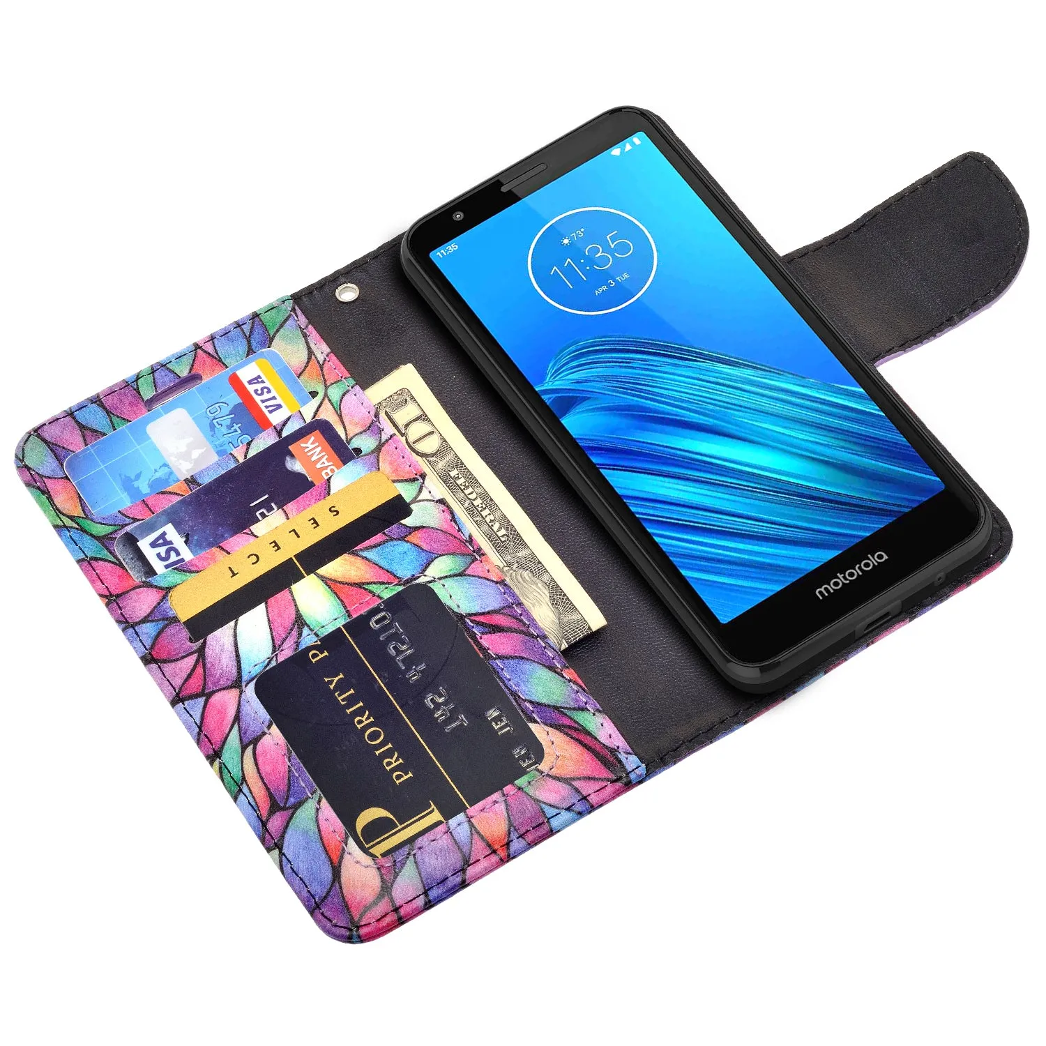 Motorola Moto E6 Case, Moto E6 Wallet Case, Wrist Strap Pu Leather Wallet Case [Kickstand] with ID & Credit Card Slots - Rainbow Flower