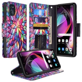 Motorola moto g 5G (2022) Case, moto g 5G (2022) Wallet Case, Wrist Strap Pu Leather Wallet Case [Kickstand] with ID & Credit Card Slots - Rainbow Flower