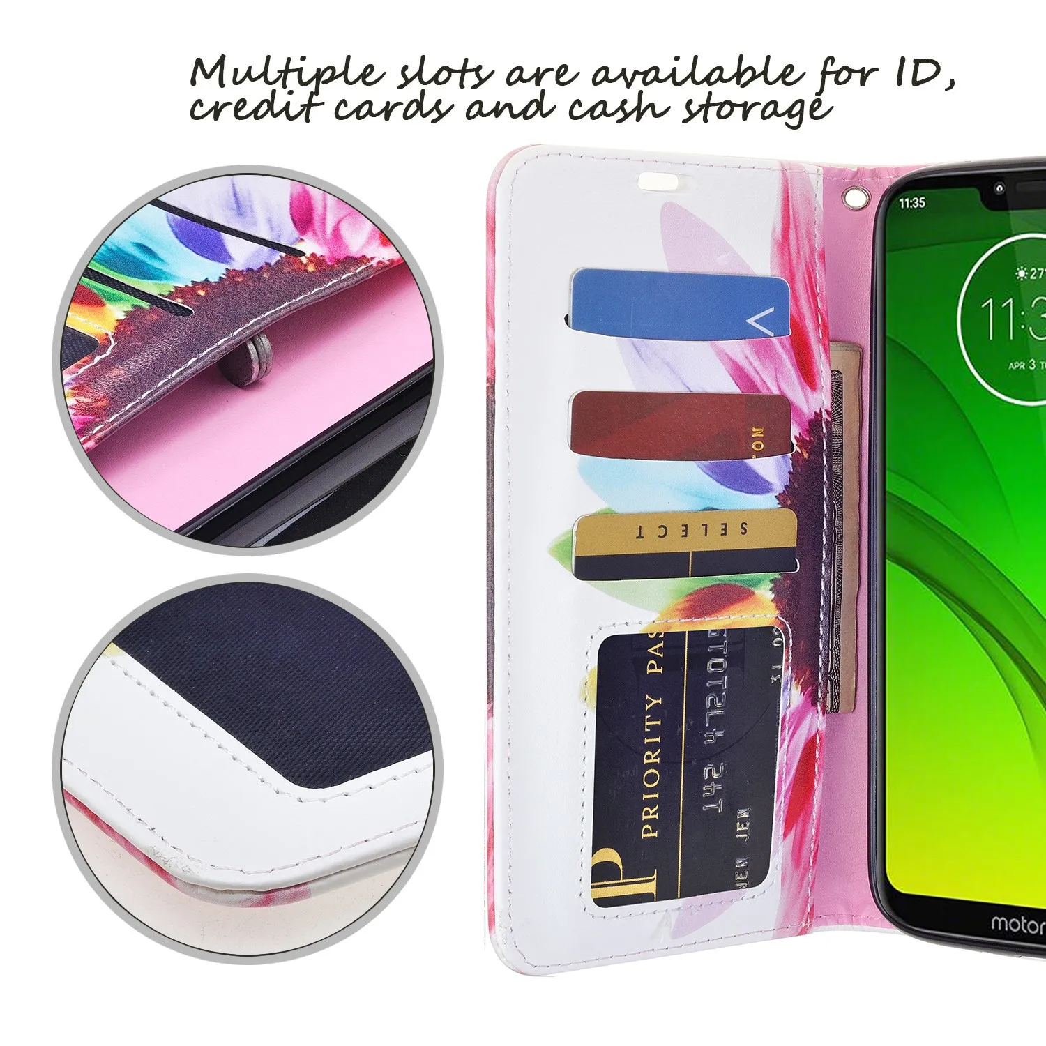 Motorola Moto G7 Power/G7 Supra/G7 Optimo Maxx Wallet Case, Wrist Strap Pu Leather Wallet Case [Kickstand] with ID & Credit Card Slots - Vivid Sunflower