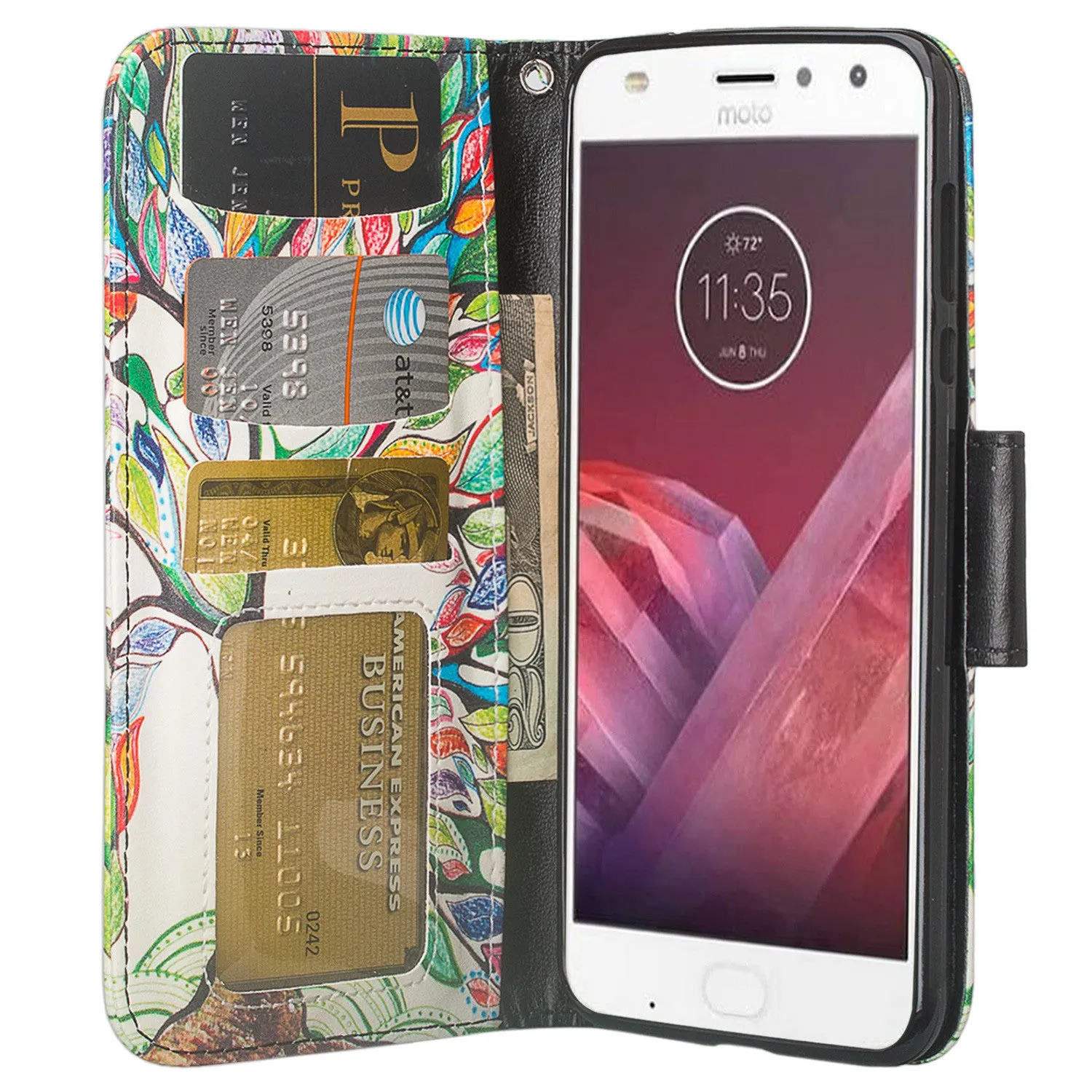 Motorola Moto Z2 Force Case, Moto Z2 Force Wallet Case, Slim Flip Folio [Kickstand] Pu Leather Wallet Case with ID & Card Slots & Pocket   Wrist Strap - Vibrant Tree