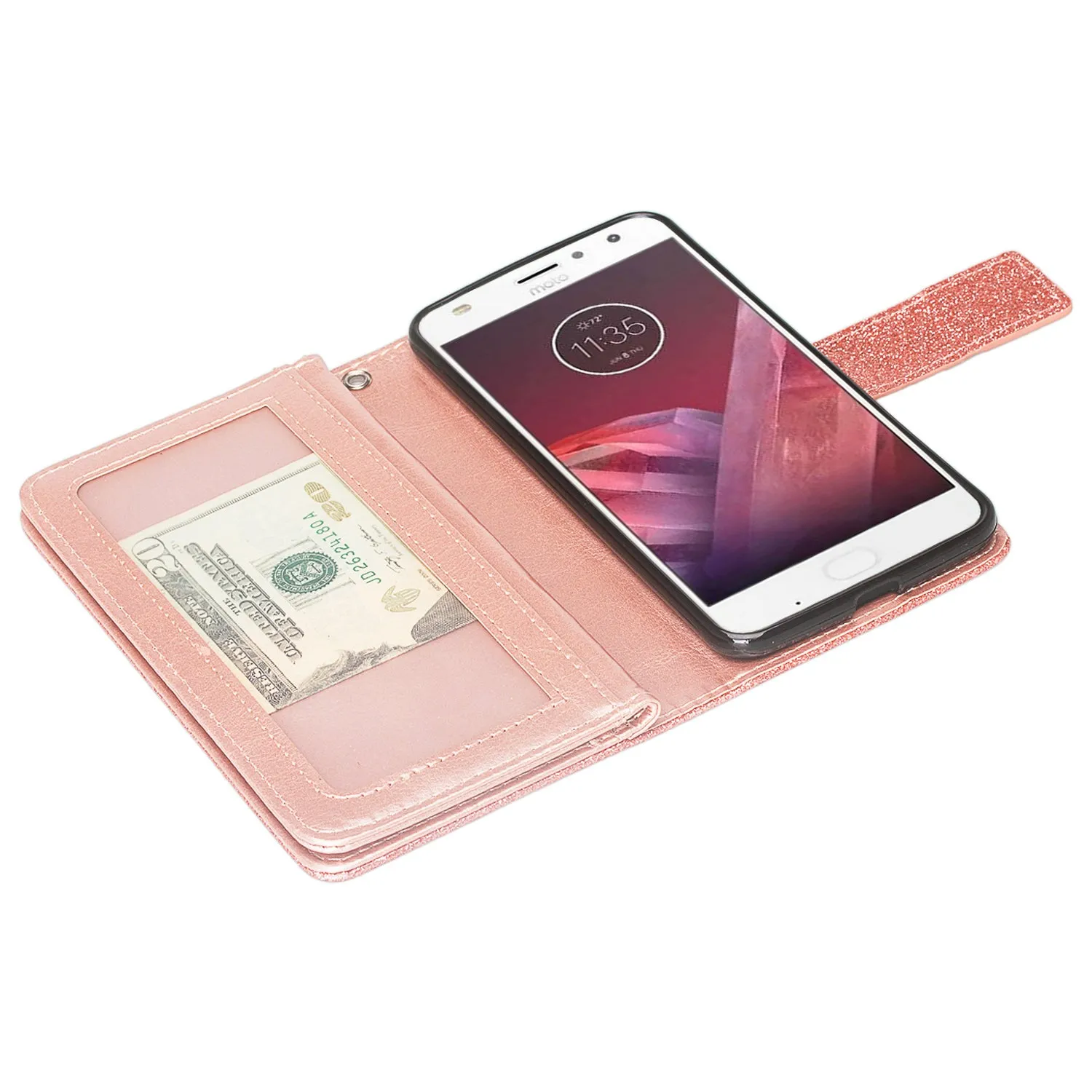 Motorola Moto Z2 Force Edition Case, Moto Z2 Force wallet Case, [Wrist Strap] Glitter Faux Leather Flip [Kickstand Feature] Protective Wallet Case Clutch - Rose Gold