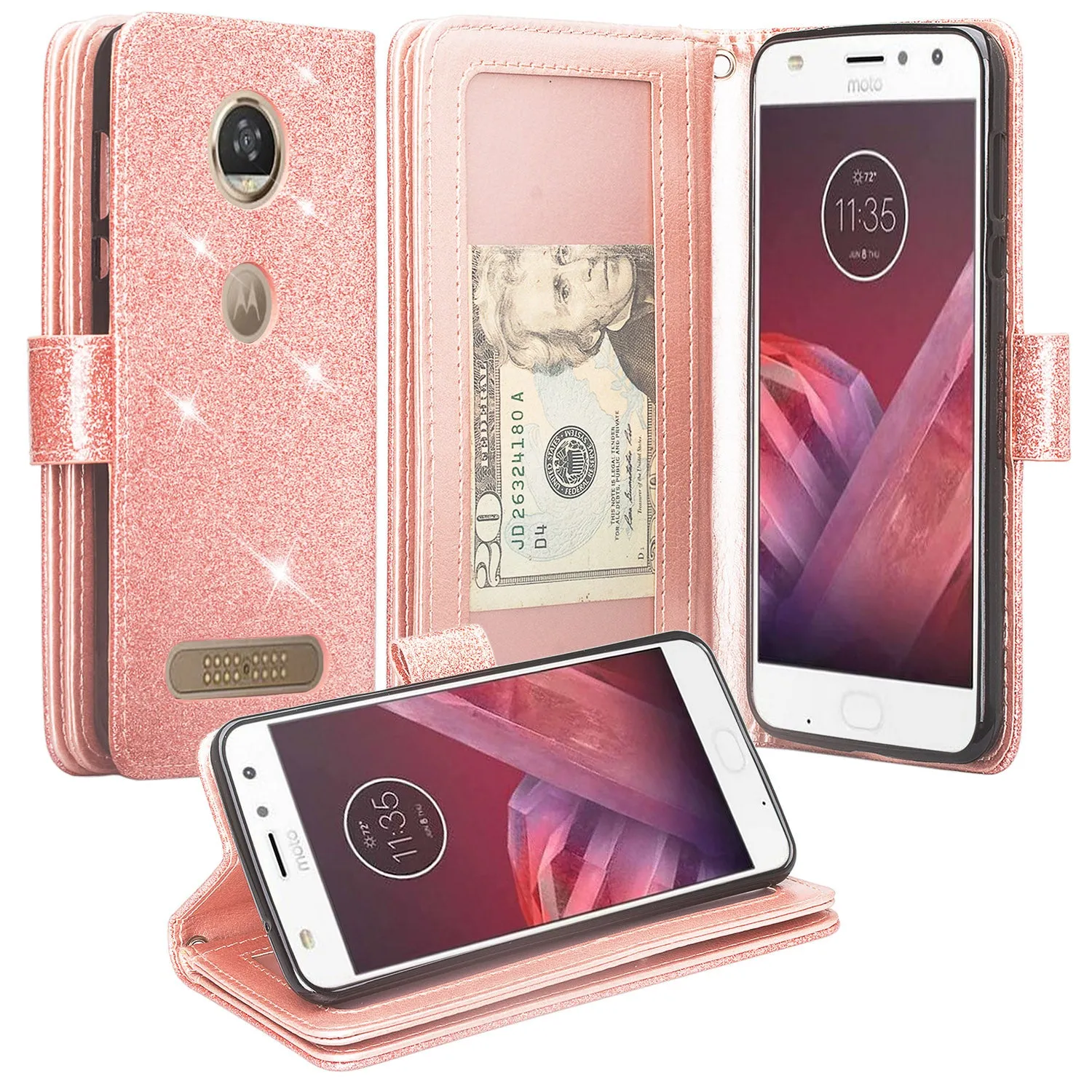 Motorola Moto Z2 Force Edition Case, Moto Z2 Force wallet Case, [Wrist Strap] Glitter Faux Leather Flip [Kickstand Feature] Protective Wallet Case Clutch - Rose Gold