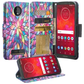 Motorola Moto Z3 Play Case, Moto Z3 Play Wallet Case, Wrist Strap Pu Leather Wallet Case [Kickstand] with ID & Credit Card Slots - Rainbow Flower