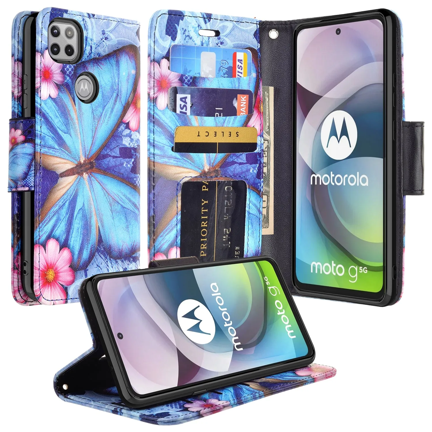 Motorola one 5G ace Case, Motorola one 5G ace Wallet Case, Wrist Strap Pu Leather Wallet Case [Kickstand] with ID & Credit Card Slots - Blue Butterfly