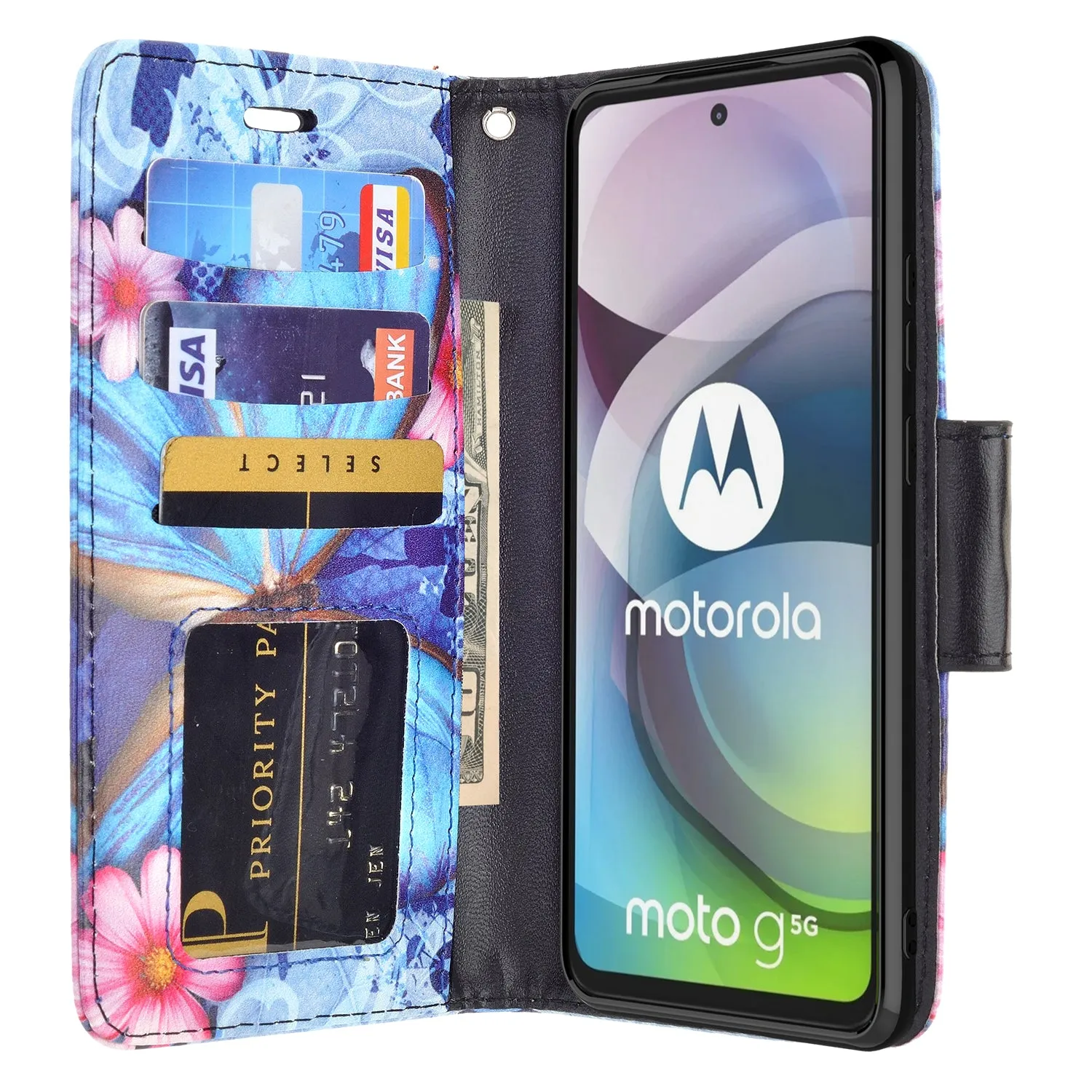 Motorola one 5G ace Case, Motorola one 5G ace Wallet Case, Wrist Strap Pu Leather Wallet Case [Kickstand] with ID & Credit Card Slots - Blue Butterfly