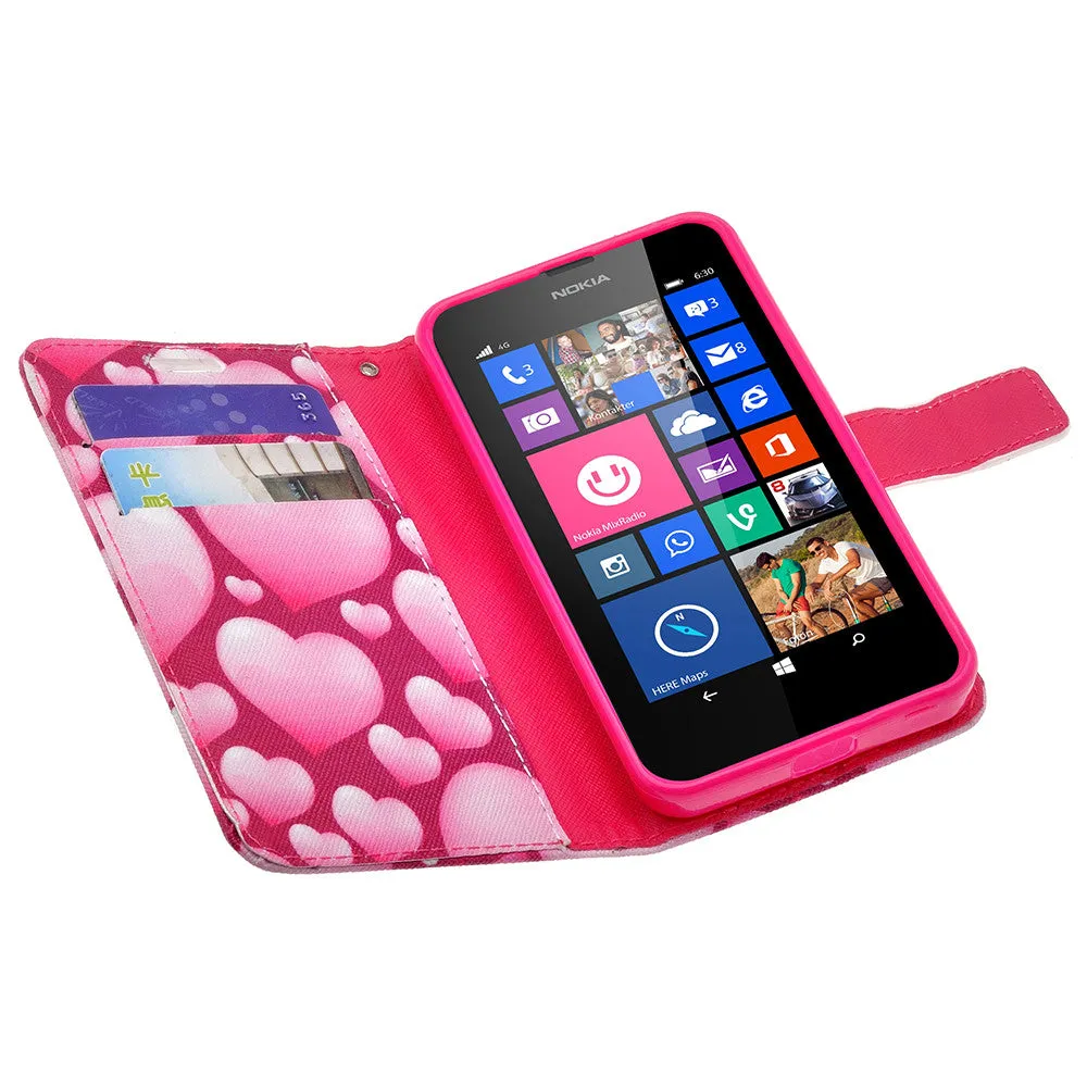 Nokia Lumia 635 Case, Nokia Lumia 635 Wallet Case, Slim Flip Folio [Kickstand] Pu Leather Wallet Case with ID & Card Slots & Pocket   Wrist Strap - Pink Hearts