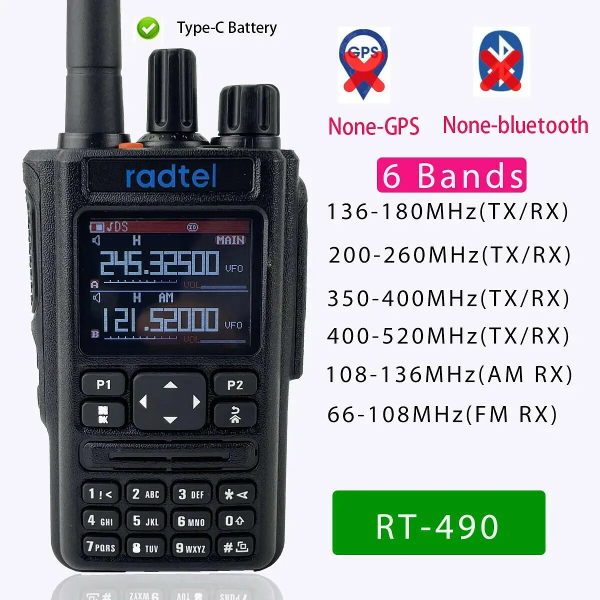 None GPS/Bluetooth Radtel RT-490 Six Band Amateur Ham 2-Way Radios 256 CH Aviation Band Walkie-Talkie AM Air Frequency RX USB-C