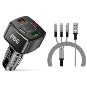 PBG 4 Port Car Charger and 4FT - 3 in 1 Nylon Cable Combo Silver