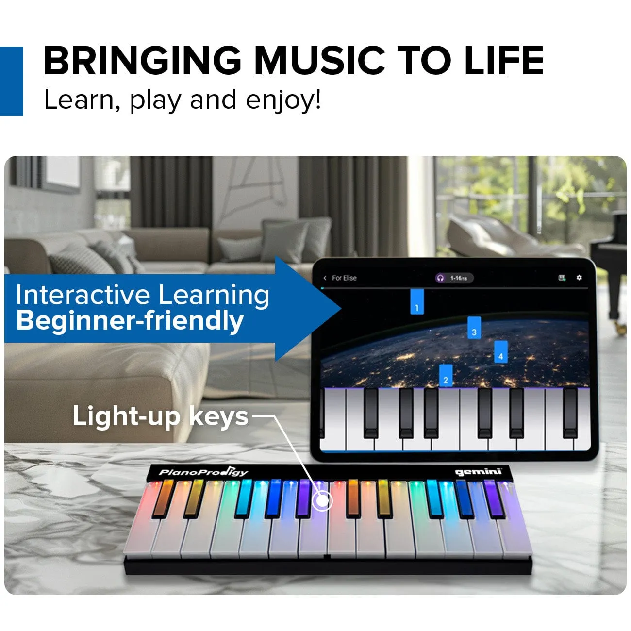 PianoProdigy: 24-Key Smart Wireless MIDI Keyboard - Portable Learning Piano with Light-Up Keys