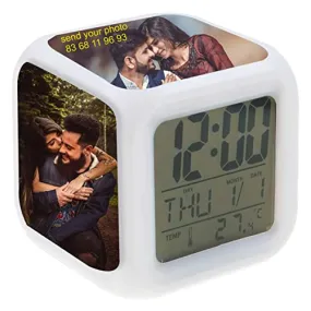 Plastic Personalized/Customized Photo Print Digital Alarm Clock, Glowing LED, Color Change Digital Alarm Clock, Imprint Gift (White)