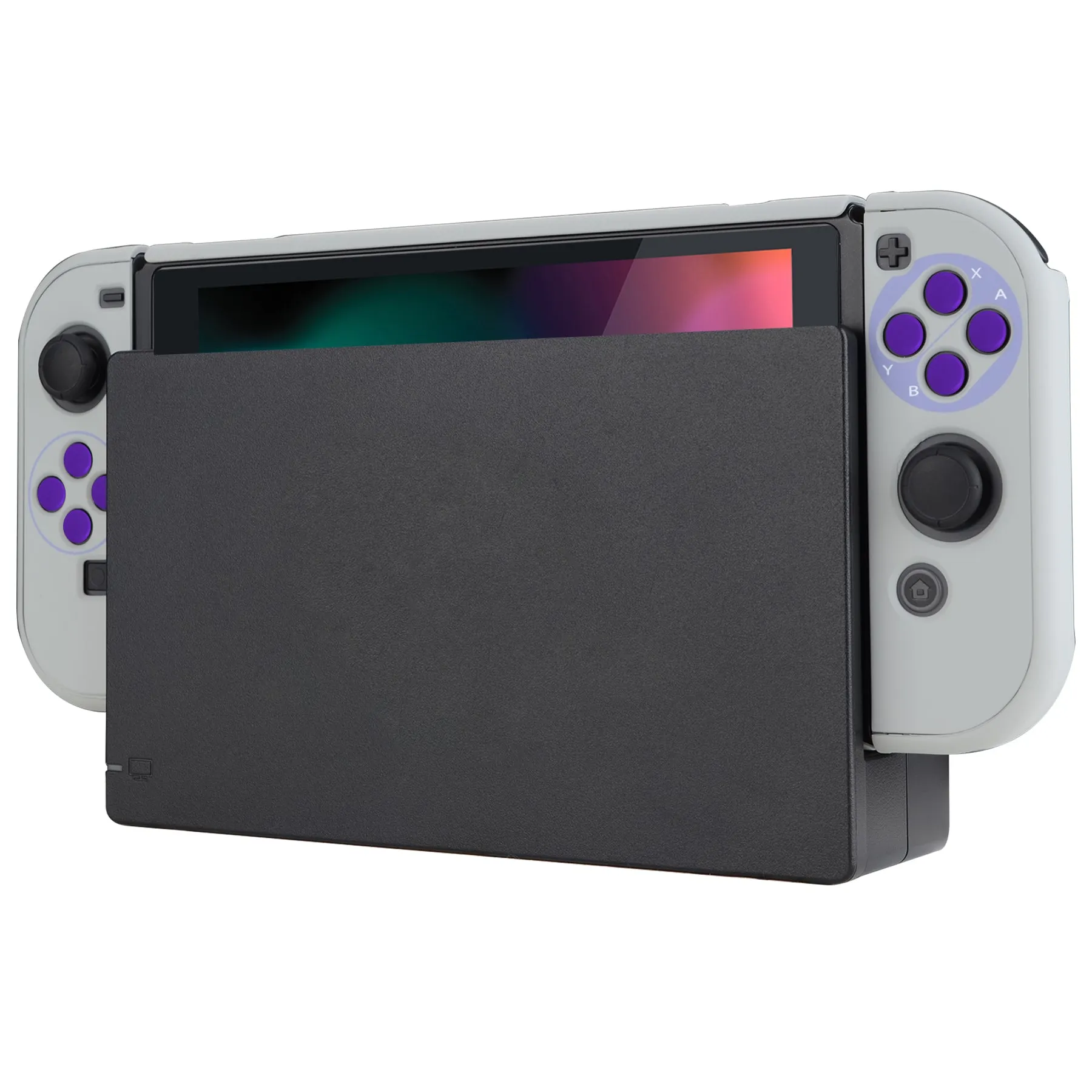 PlayVital Classics SNES Style Back Cover for NS Switch Console, NS Joycon Handheld Controller Separable Protector Hard Shell, Dockable Protective Case with Purple ABXY Direction Button Caps - NTT104